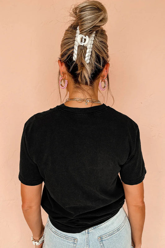 T-Shirt Noir Floral Rétro - Col Rond Casual Confort Femme - Oléna-Fashion