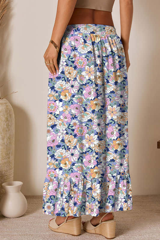 Jupe longue taille haute fleurie multicolore, bas à volants et fermeture à cordon