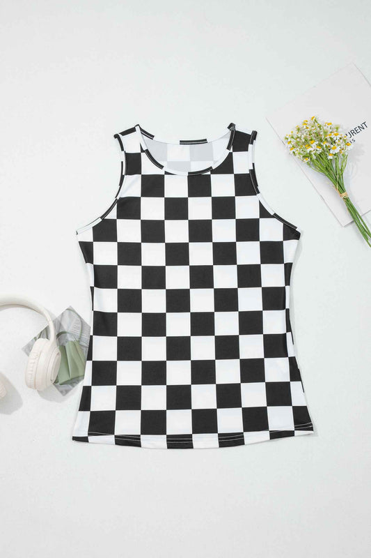 Débardeur Slim à Motif Damier Noir