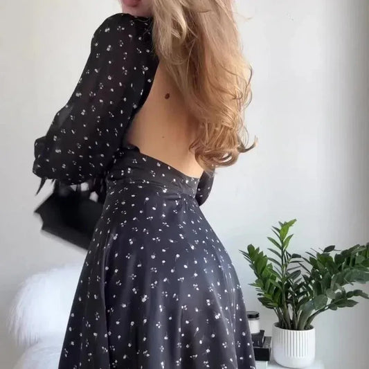 Robe à Pois Manches Longues Col en V Élégante Femme - Oléna-Fashion