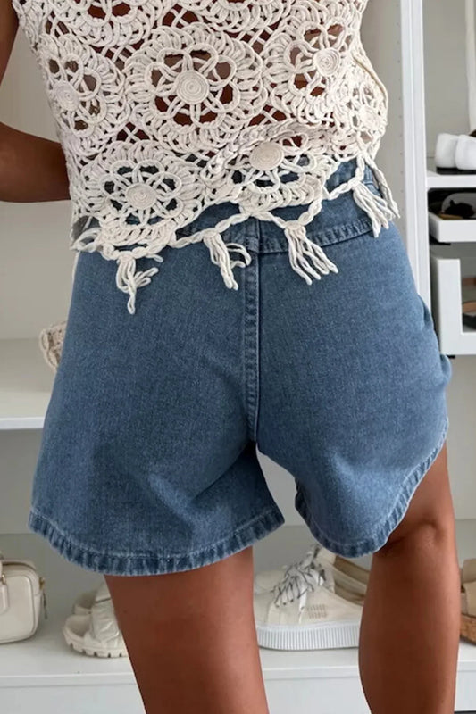 Short en jean bleu crépuscule avec poches à rabat - Oléna-Fashion
