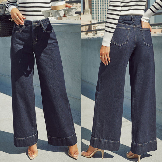 Jean taille haute jambe large femme délavé chic commute | Oléna-Fashion