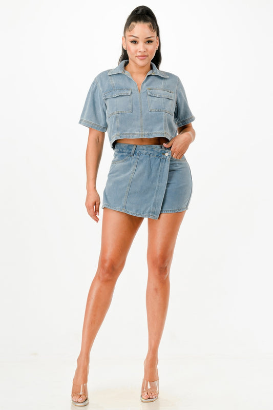 ensemble jupe short denim femme chemise crop silhouette