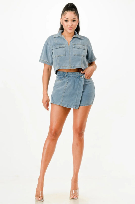 ensemble jupe short denim femme chemise crop silhouette