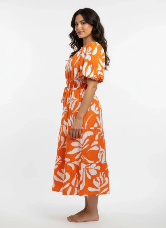 Robe Femme Imprimée Midi - Manches Ballon Taille Élastique - Oléna-Fashion