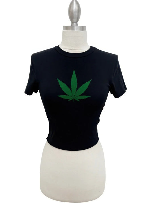 T-Shirt Cropé Femme Graphique Botanique - Coton Stretch Imprimé - Oléna-Fashion