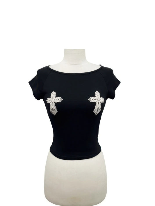 Crop Top Femme Ajusté Détail Croix - Coton Stretch Noir - Oléna-Fashion