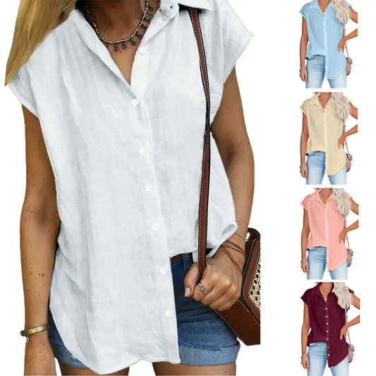 Chemisier ample femme coton lin, manches courtes, bleu clair, col chemise boutonné.