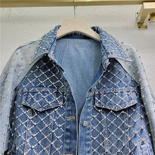 Veste en jean femme strass effet deux pièces style bomber-vue détail
