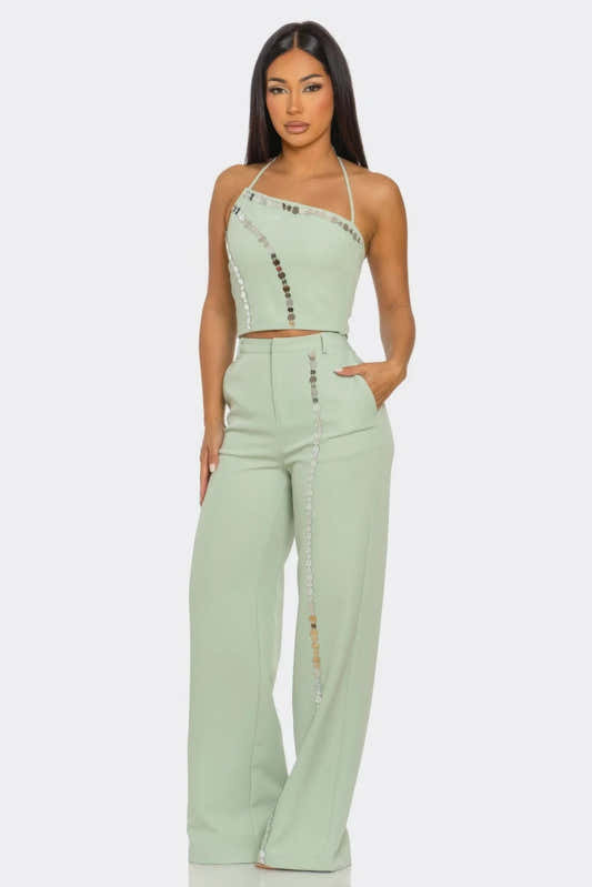 Ensemble tailleur pantalon femme sauge Christine : top court et pantalon taille haute