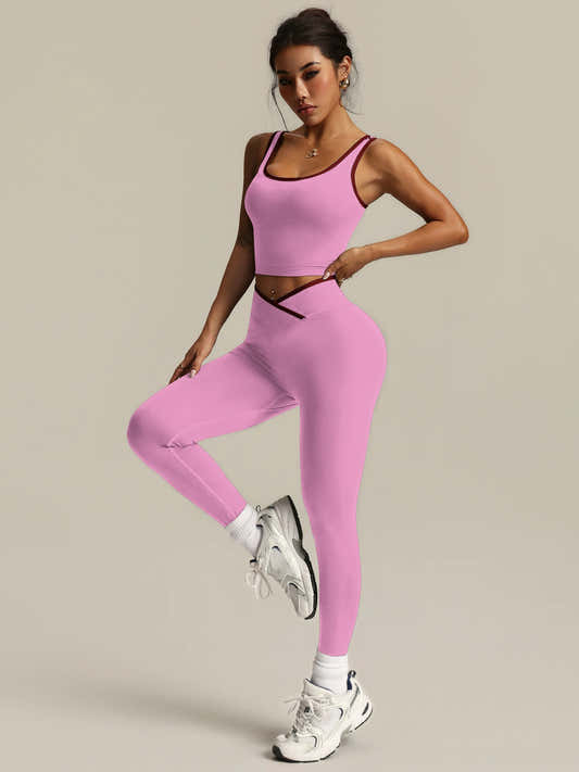 Ensemble yoga 2 pièces rose clair : brassière sport et leggings croisés en V