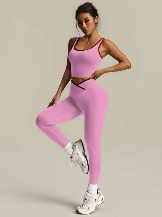 Ensemble yoga 2 pièces rose clair : brassière sport et leggings croisés en V