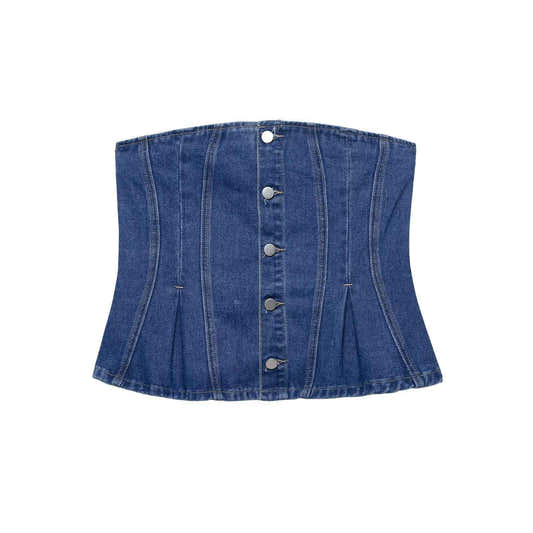 Top en jean bleu foncé sans manches, boutonnage devant, volants sur le bas.