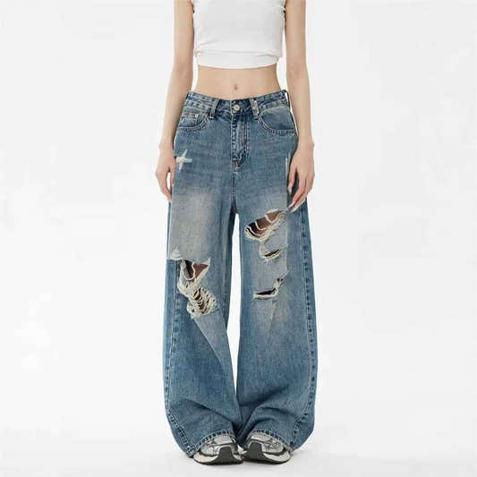 Pantalon en jean bleu taille haute ample, déchirures aux genoux, braguette boutonnée