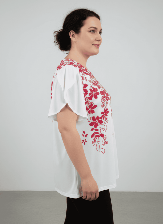 Haut femme blanc imprimé floral rouge, vue de côté, manches volantées