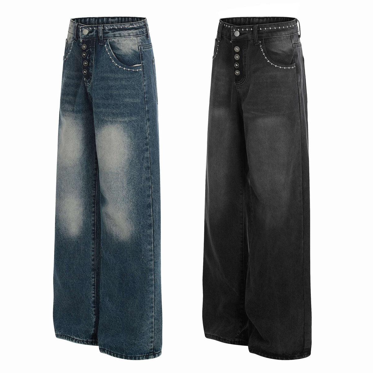 Jean femme taille mi-haute bleu et noir, patte boutonnée et poches décorées.