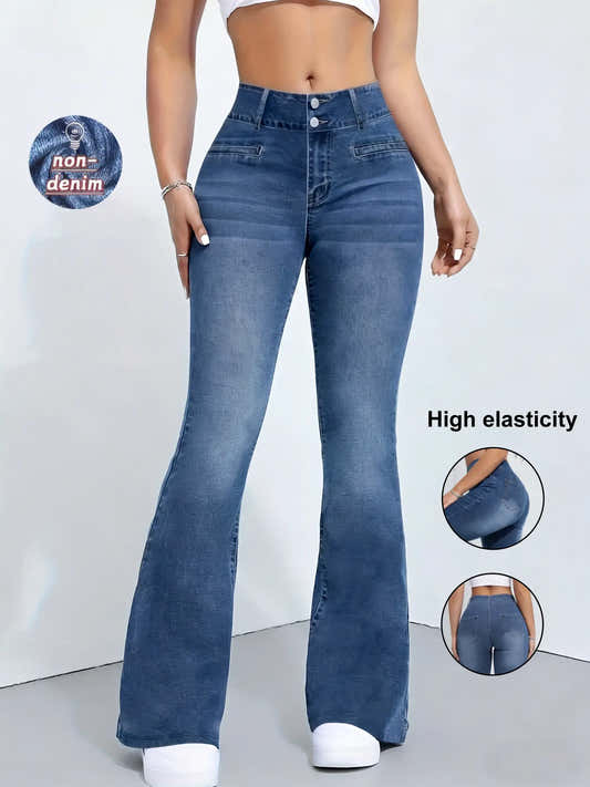 Leggings femme taille haute effet denim, jambe évasée, bleu moyen, coutures décoratives