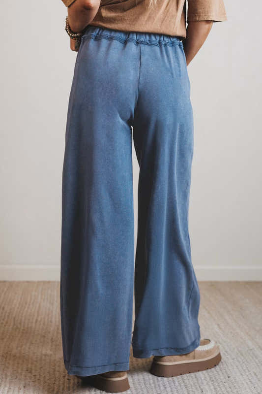 Pantalon taille haute ample bleu délavé, cordon à la taille, jambes larges