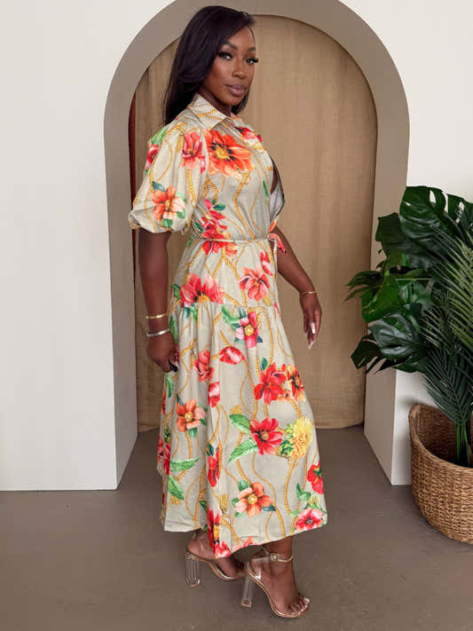 Robe mi-longue imprimée fleurs, encolure V, manches bouffantes, ceinture à nouer