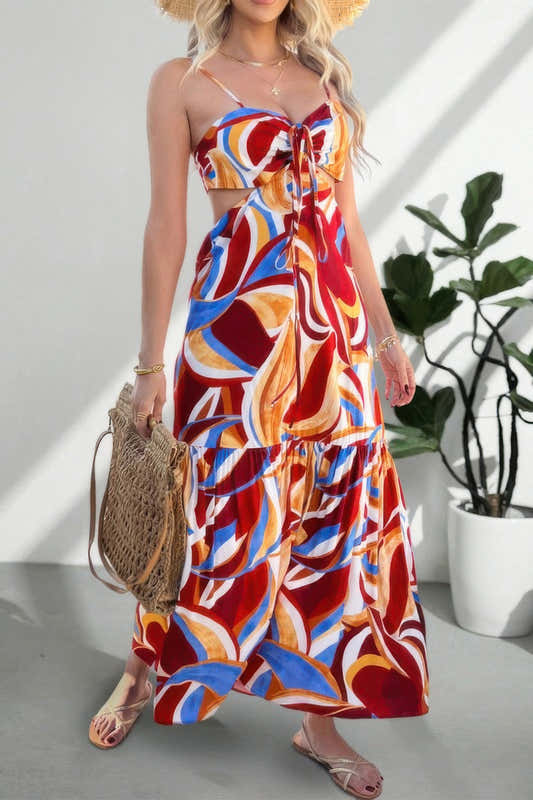 Robe longue sans manches froncée, motif abstrait rouge, bleu et jaune