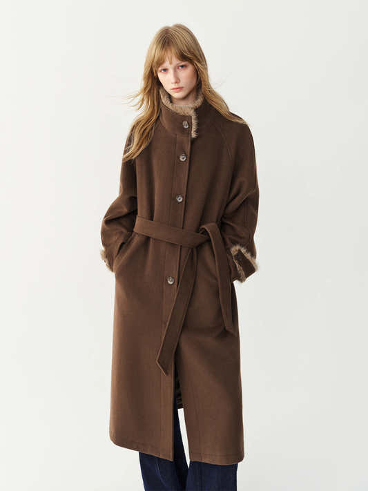 Manteau long en laine FSLE 2026 pour femme, col en fausse fourrure marron vintage, élégant, chic, douillet et polyvalent pour un usage quotidien