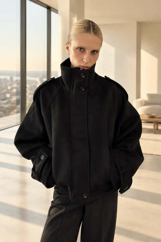 Manteau en laine femme, coupe ample, fermeture zippée et poches