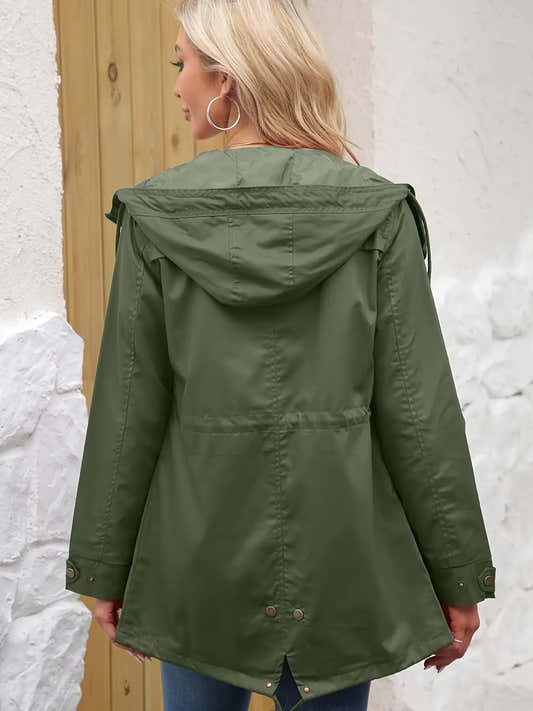 Parka à capuche femme, taille à cordon, poches et tissu coupe-vent