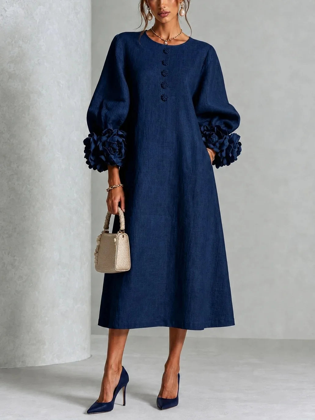 Robe midi élégante en lin pour femmes, col rond, manches lanternes à fleurs 3D, boutonnée, coupe ample et droite, robe longue modeste pour les occasions décontractées et les soirées.