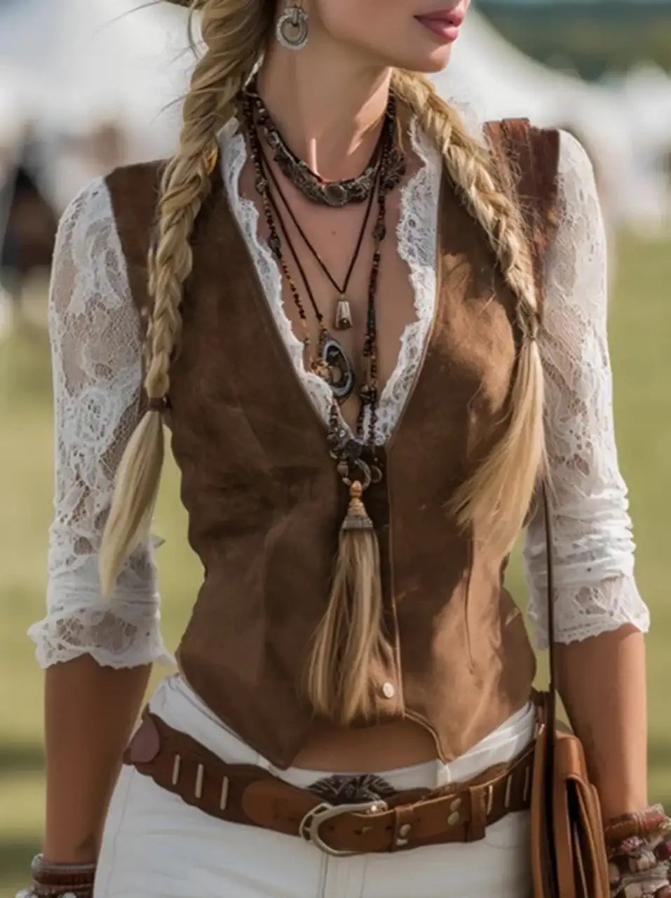 Chemisier femme style western en dentelle marron – vue 1