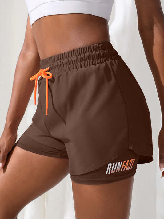 Short de yoga taille haute café, cordon orange, logo RUNFAST sur la jambe