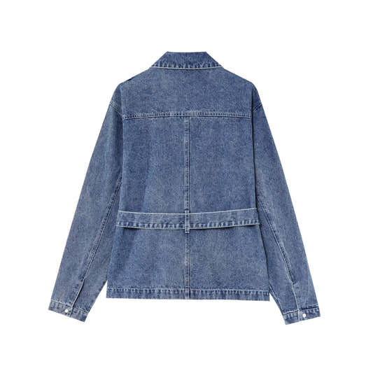 Veste en jean bleue pour femme, dos uni, fermeture centrale, ceinture à nouer