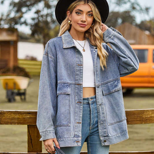 Veste en jean bleue pour femme, surchemise boutonnée, poches poitrine