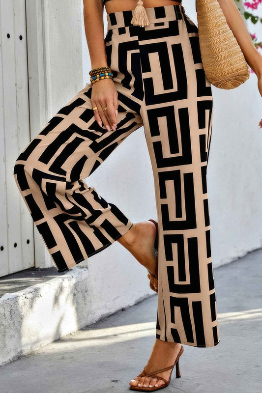 Pantalon large color block géométrique femme – Coupe A-Line, marron