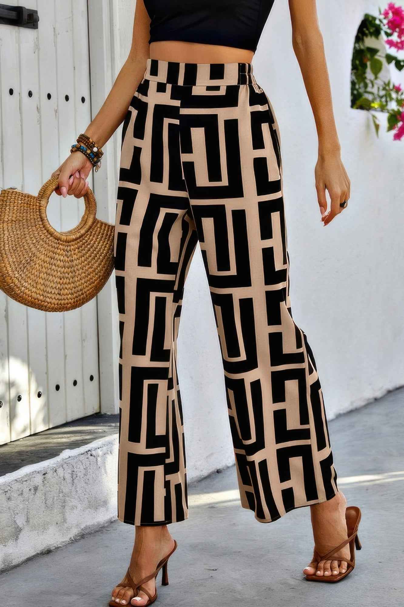 Pantalon large color block géométrique femme – Coupe A-Line, marron