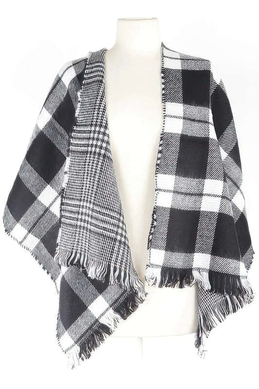 Écharpe à carreaux noir et blanc avec franges, motif alterné pied-de-poule