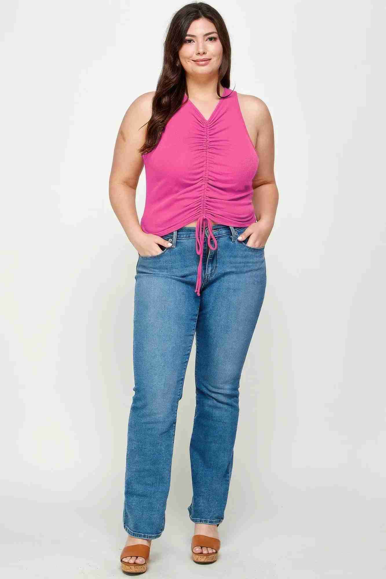Débardeur Grandes Tailles Rib Froncé Col V Lien Ajustable by CCWHOLESALECLOTHING