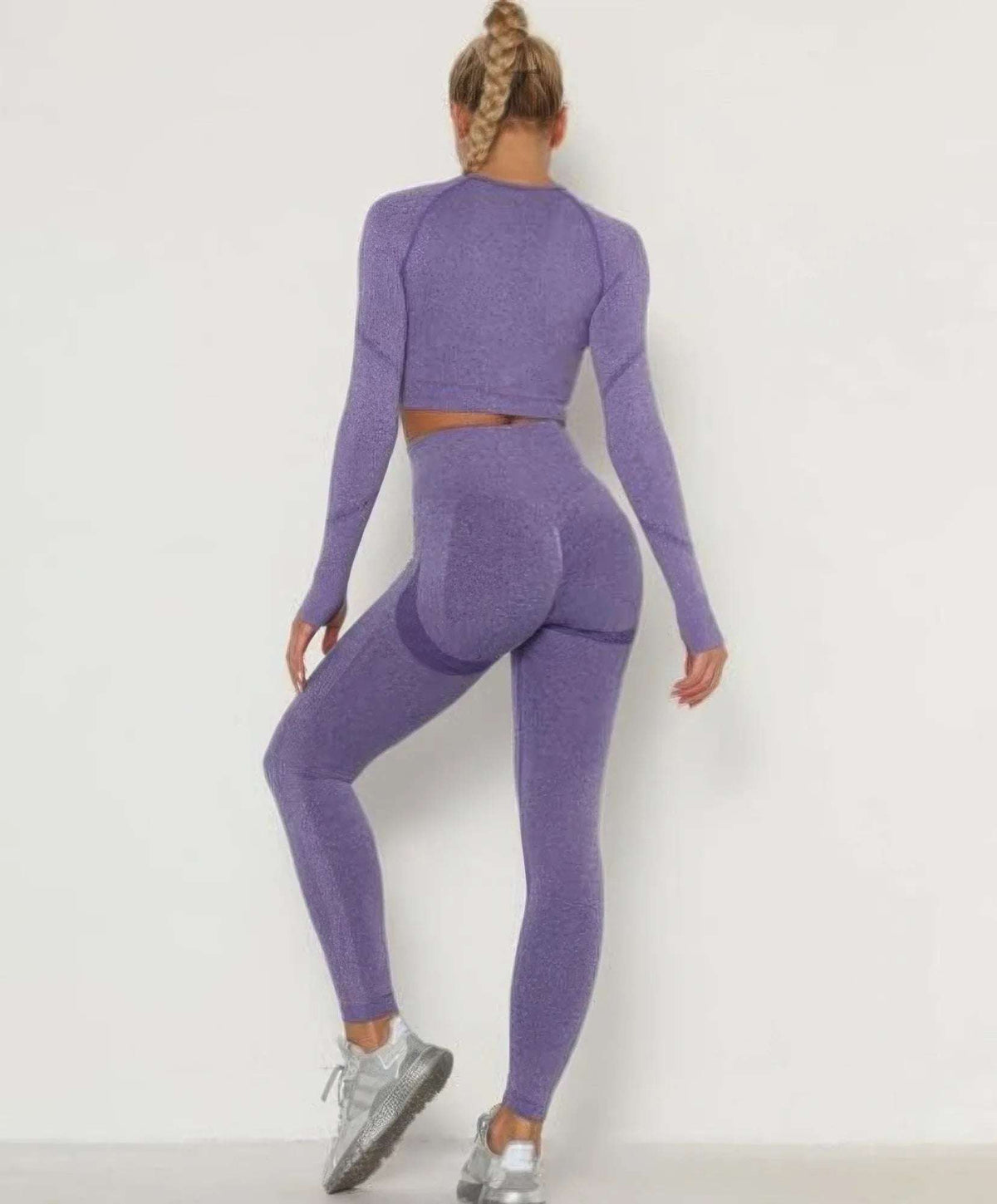 Ensemble haut court et leggings sans coutures, violet, dos et jambes