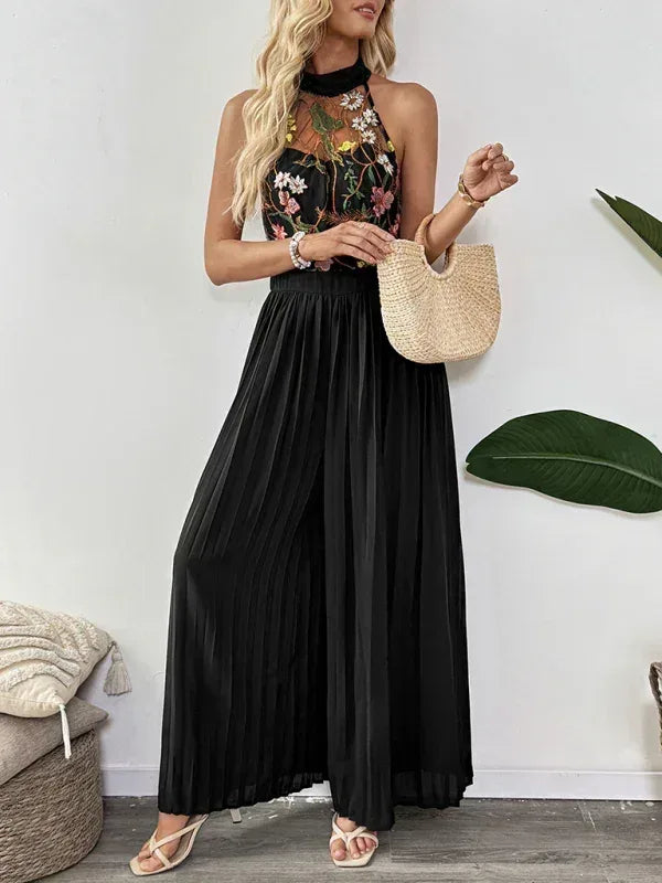 Combinaison Pantalon Large Col Licou Broderie Dentelle - Oléna-Fashion