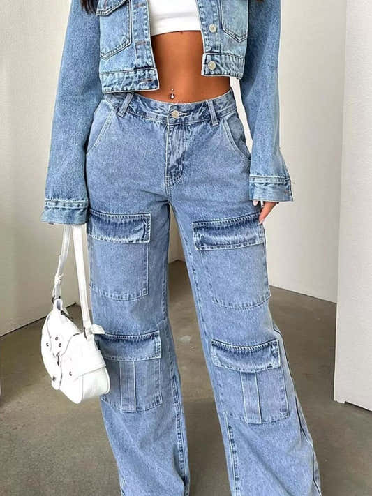 Jean cargo femme taille haute à jambes larges, poches plaquées – vue 2