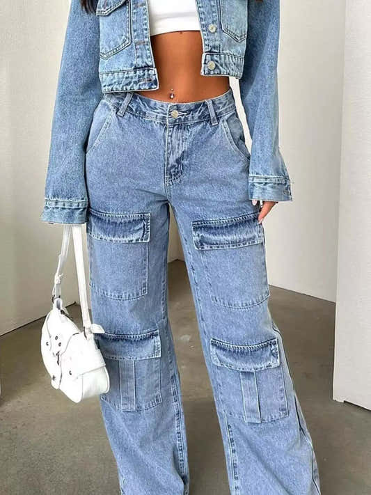 Jean cargo femme taille haute à jambes larges, poches plaquées – vue 2