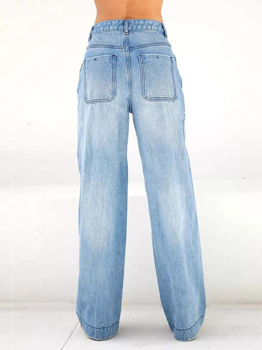 Jean femme taille haute à jambes larges en bleu foncé – vue 2