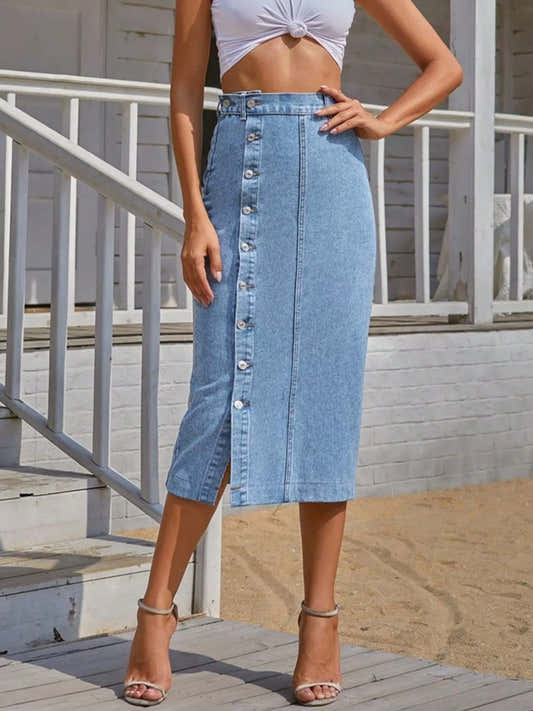 Jupe en jean femme boutonnée et fendue bleu moyen – vue 2