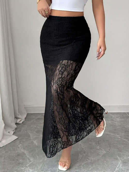 Jupe maxi en dentelle fendue noire pour femme – vue 2