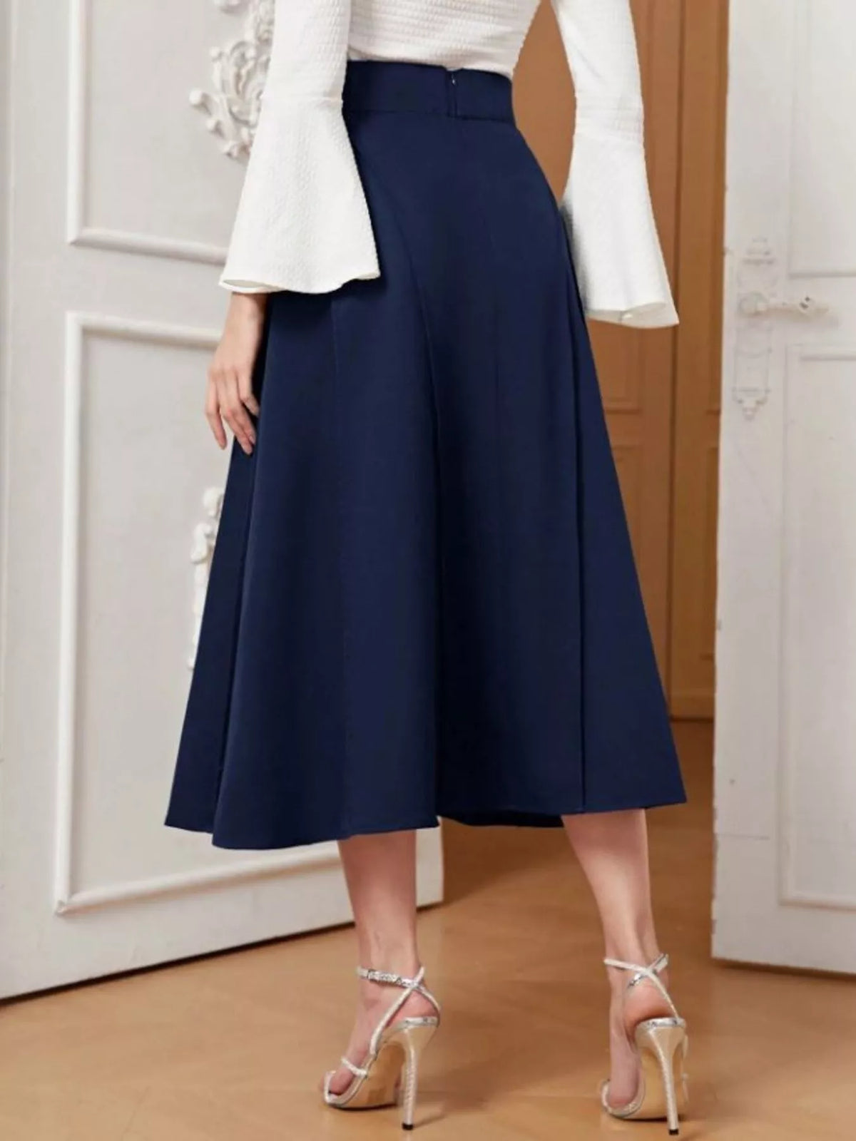 Jupe midi évasée à zip bleu foncé pour femme – vue 6