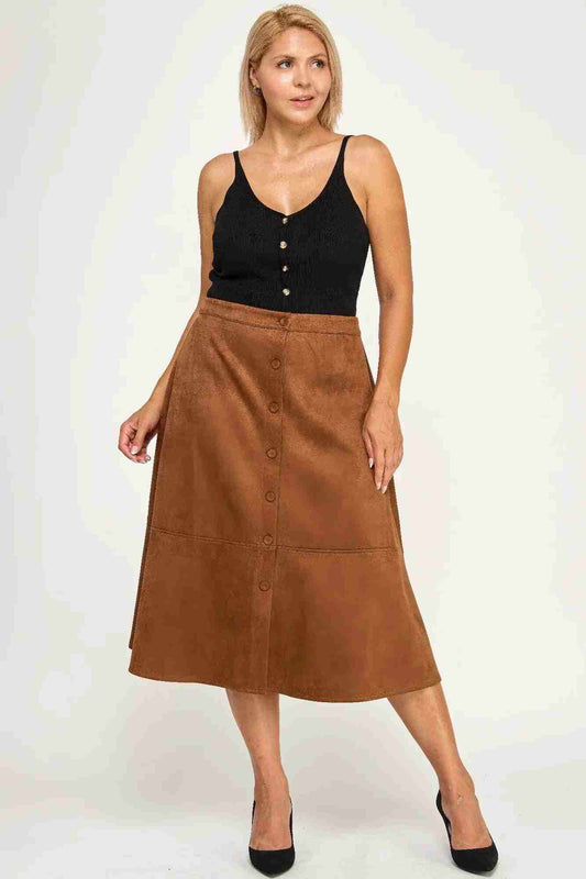 Jupe Midi Grande Taille Faux Suède Marron Boutonnage Devant Ligne A Femme Oléna-Fashion
