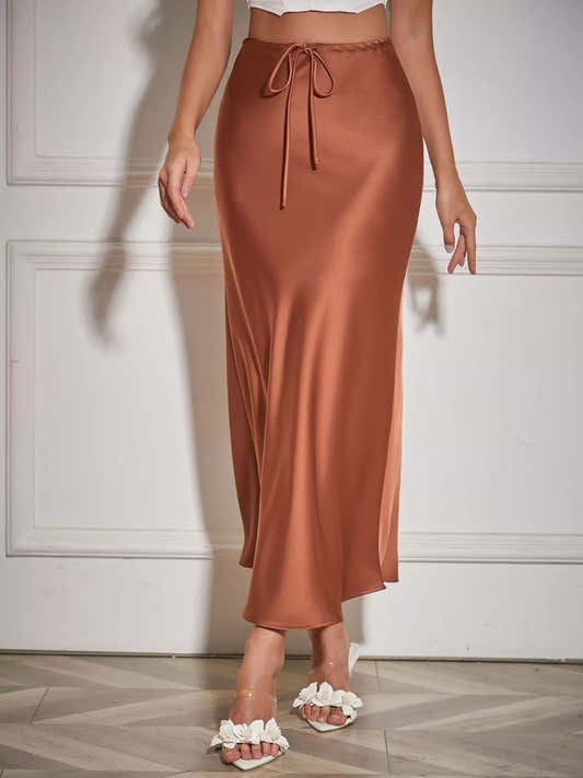 Jupe midi satinée à cordon de serrage marron pour femme – vue 2
