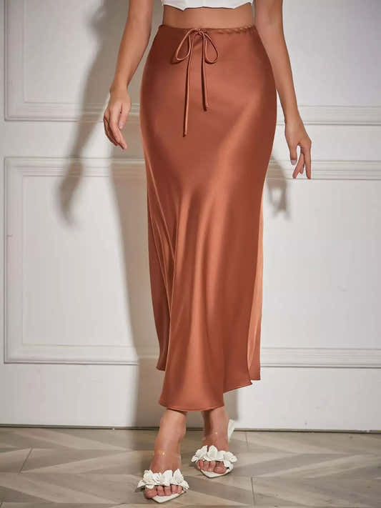Jupe midi satinée à cordon de serrage marron pour femme – vue 2