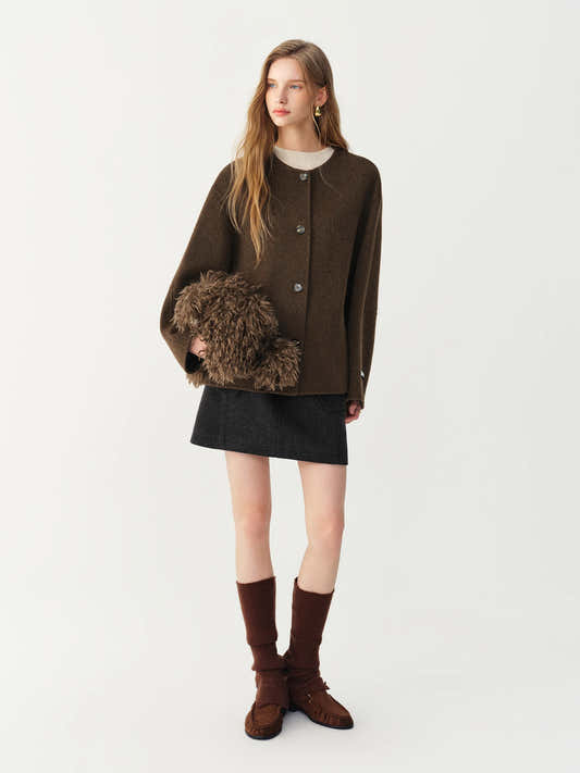 Manteau court en laine à col en fourrure amovible pour femme – vue 2