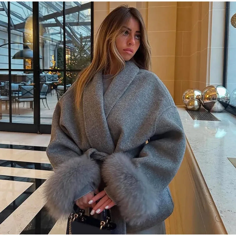 Manteau femme en laine mélangée noir, col revers et ceinture à nouer – vue 24
