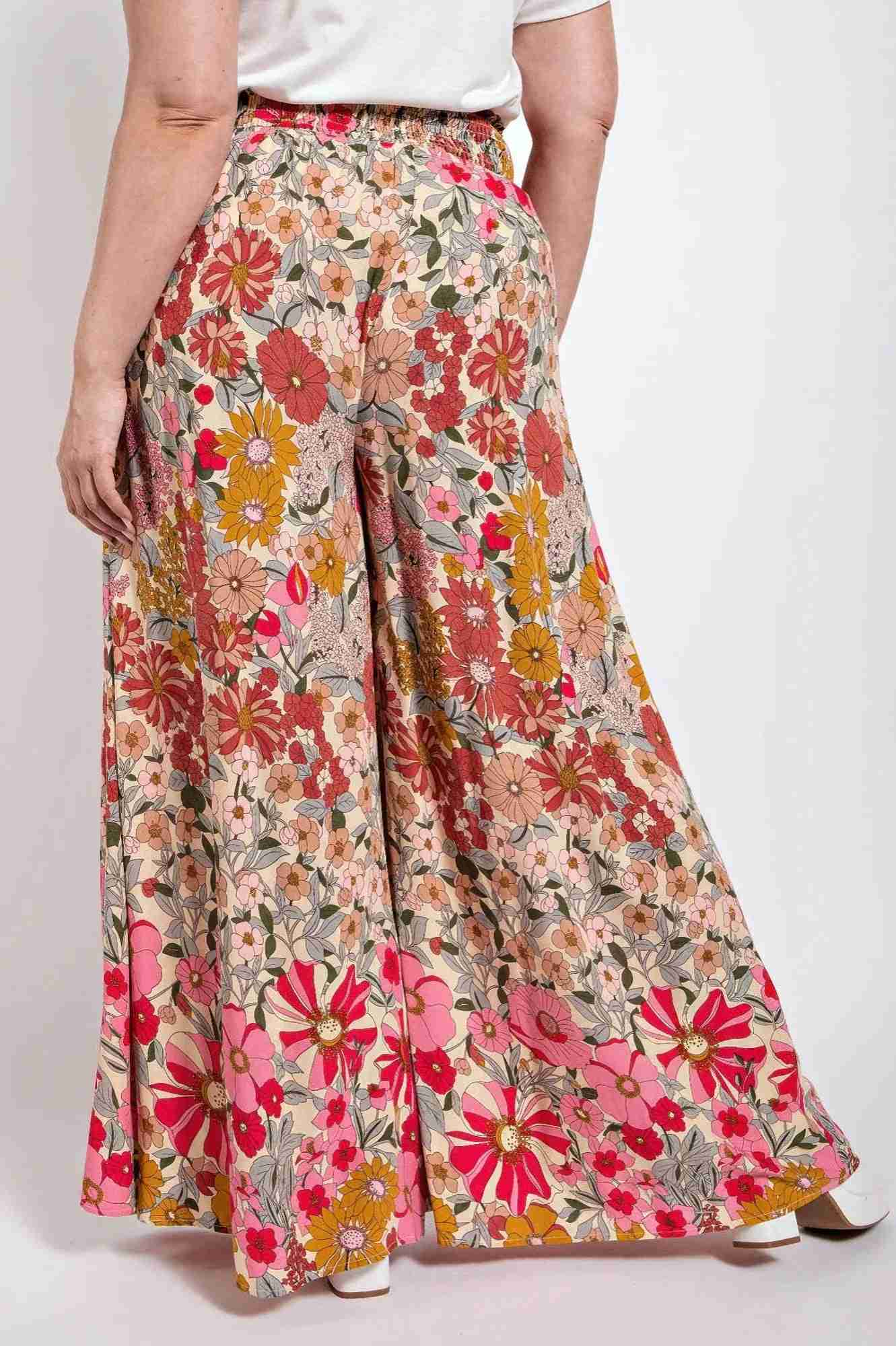 Pantalon Grandes Tailles Patte d'Éléphant Taille Smockée Poche - Rose Oléna-Fashion